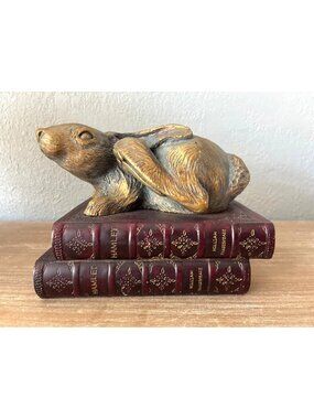 Brass Rabbit Figurine Resting Faux Hamlet Book Stack Rustic Gold burgundy decor